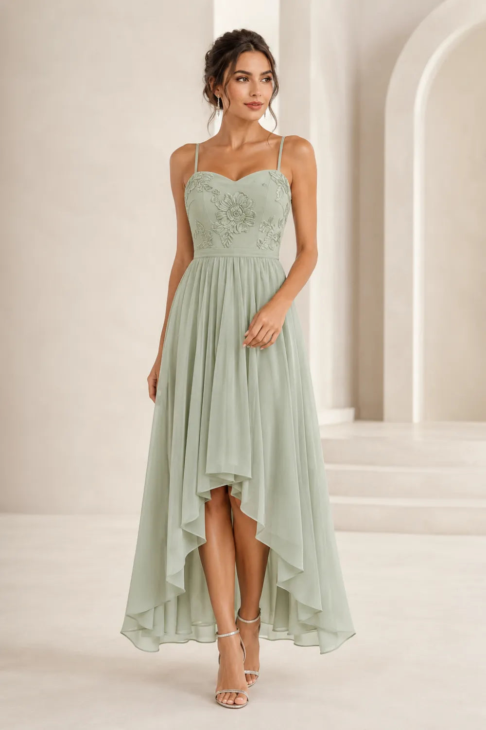 Floral Embroidered High Low Formal Dress