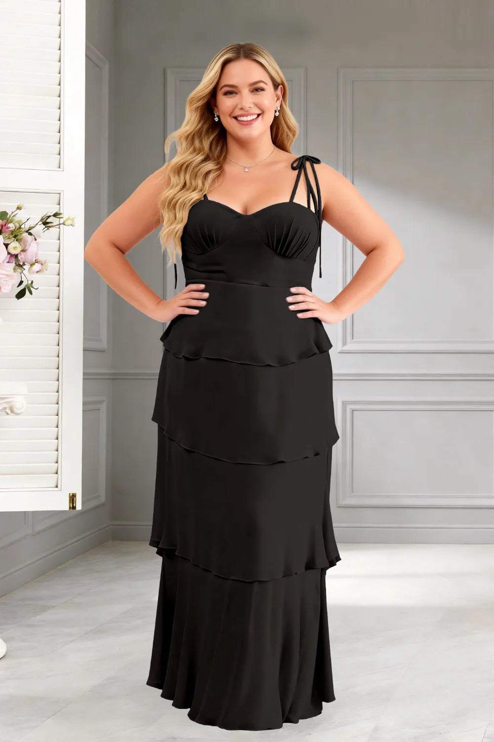 Elegant Tiered Ruffle Tie-Strap Maxi Dress