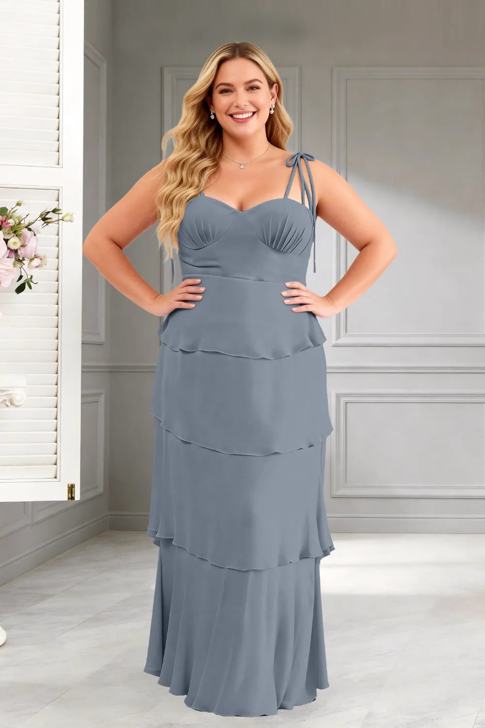 Elegant Tiered Ruffle Tie-Strap Maxi Dress