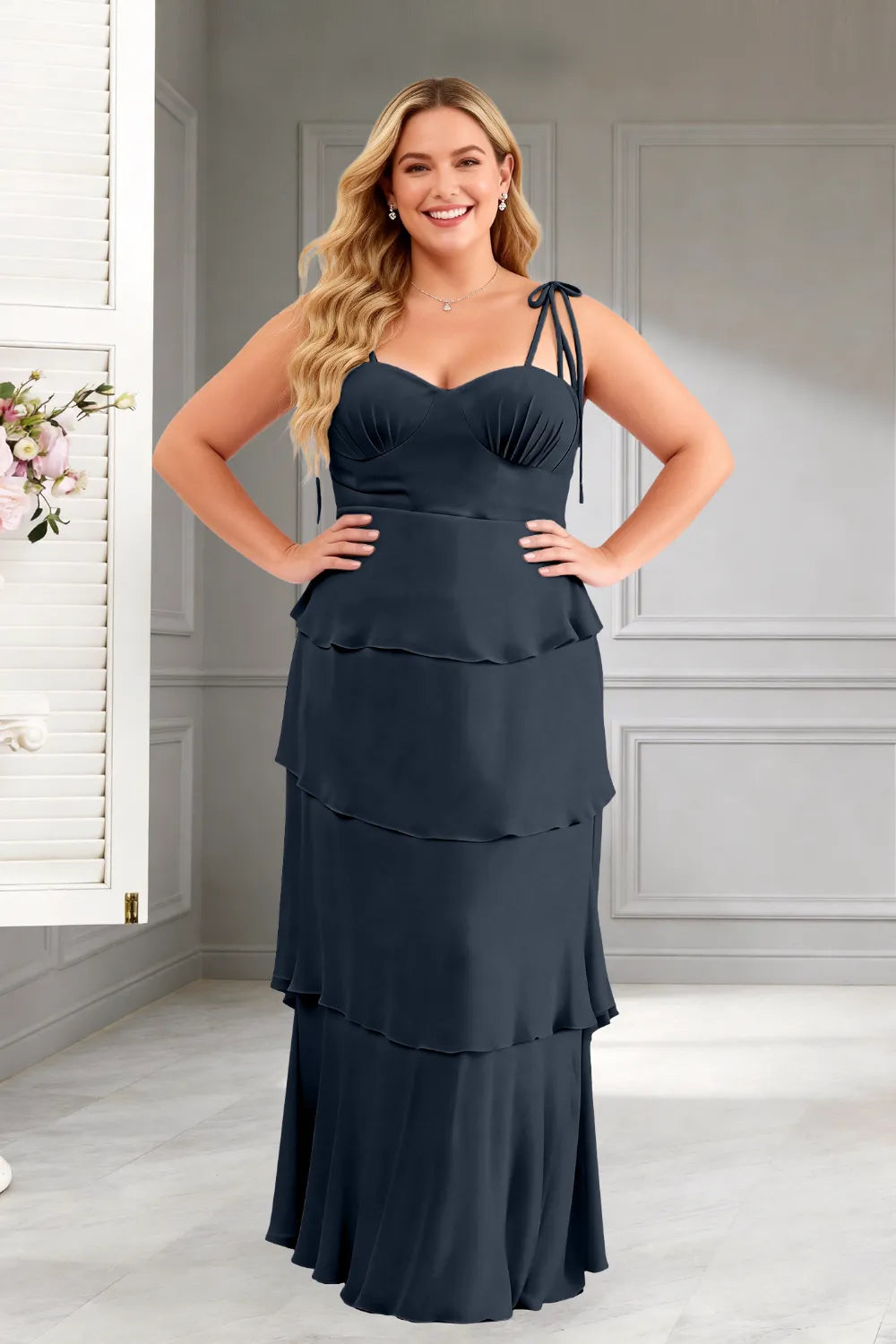 Elegant Tiered Ruffle Tie-Strap Maxi Dress