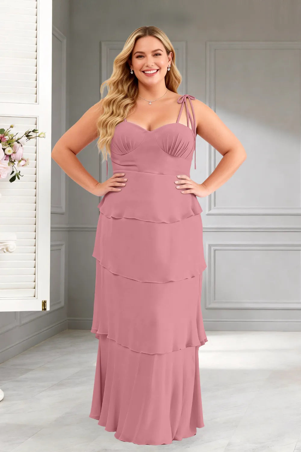 Elegant Tiered Ruffle Tie-Strap Maxi Dress