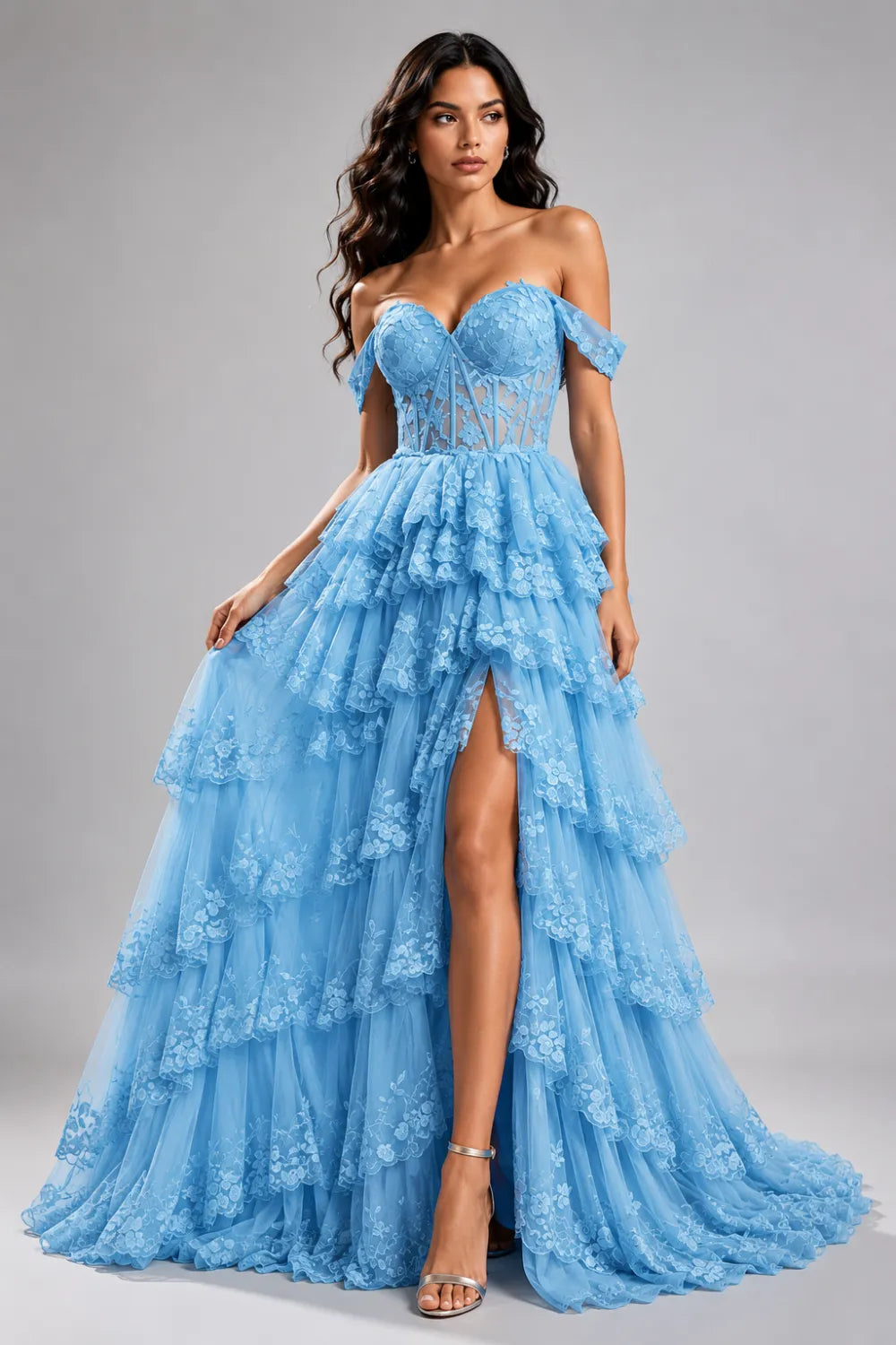 Off‑Shoulder Lace Corset Tiered Tulle Gown