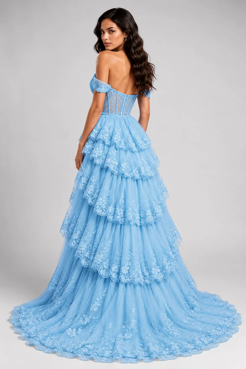 Off‑Shoulder Lace Corset Tiered Tulle Gown