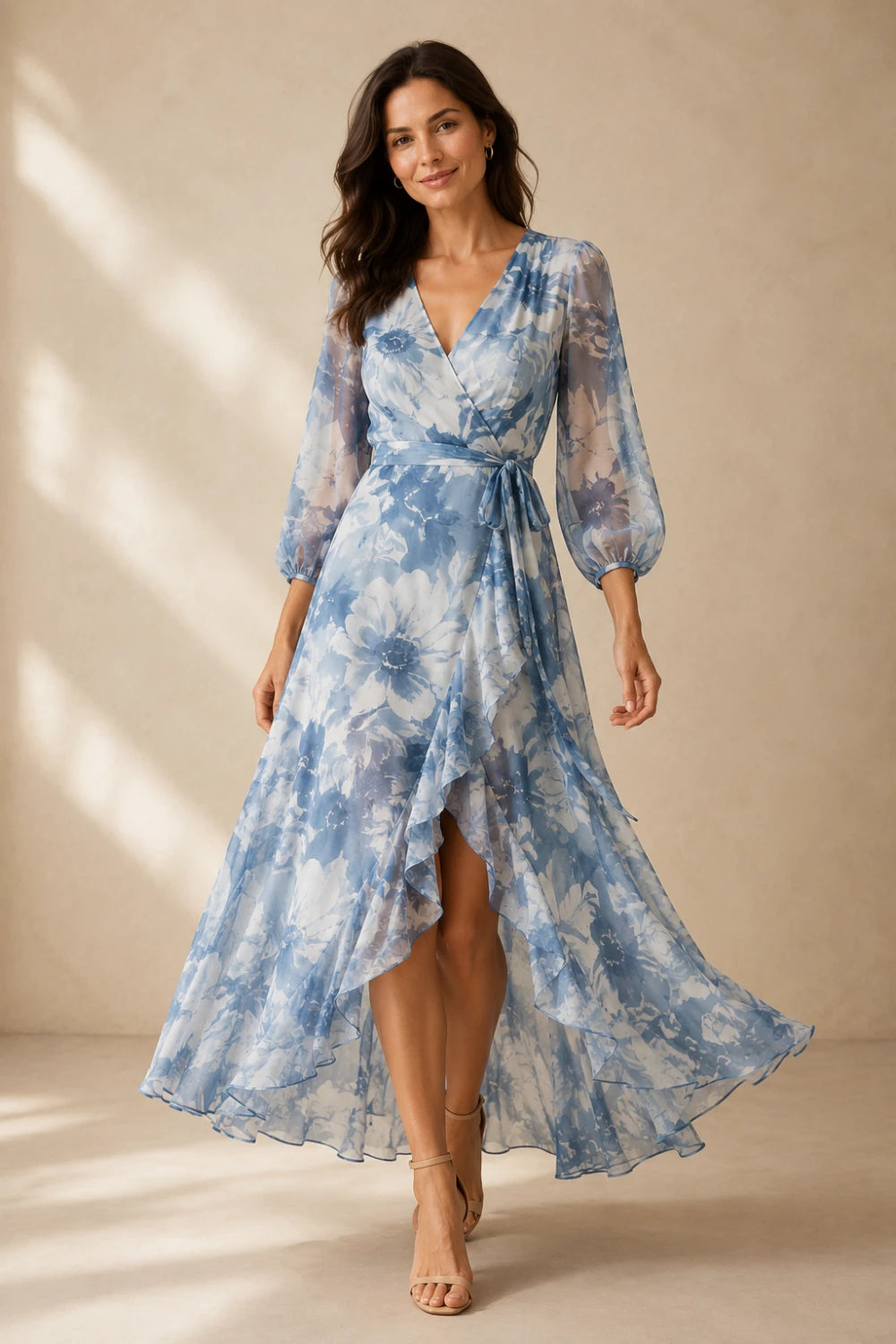 Blue White Floral Wrap High-Low Chiffon Dress