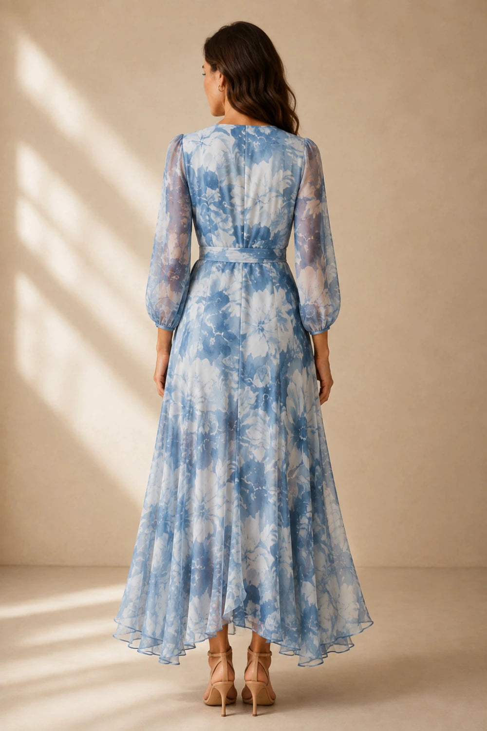 Blue White Floral Wrap High-Low Chiffon Dress