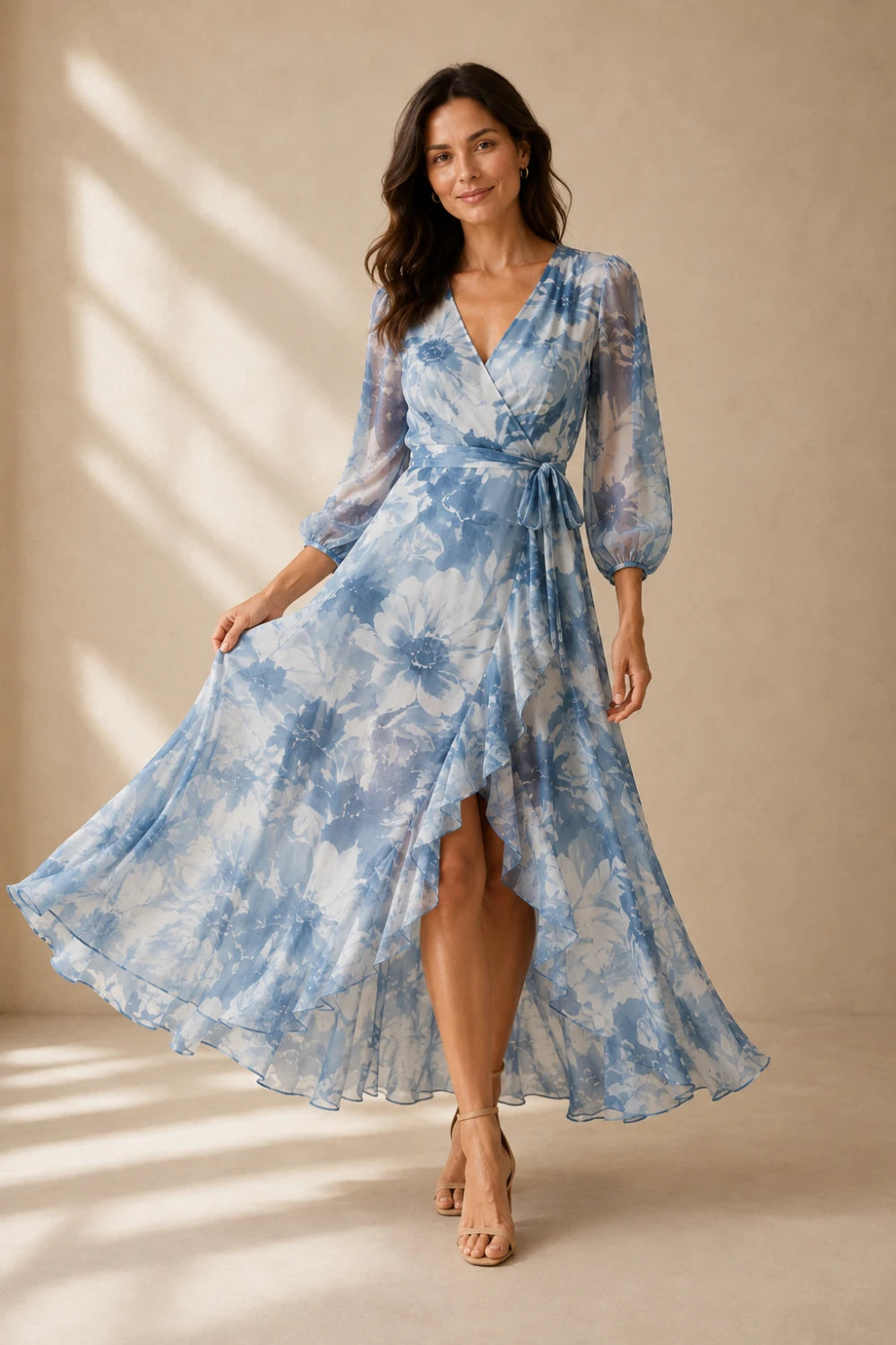 Blue White Floral Wrap High-Low Chiffon Dress
