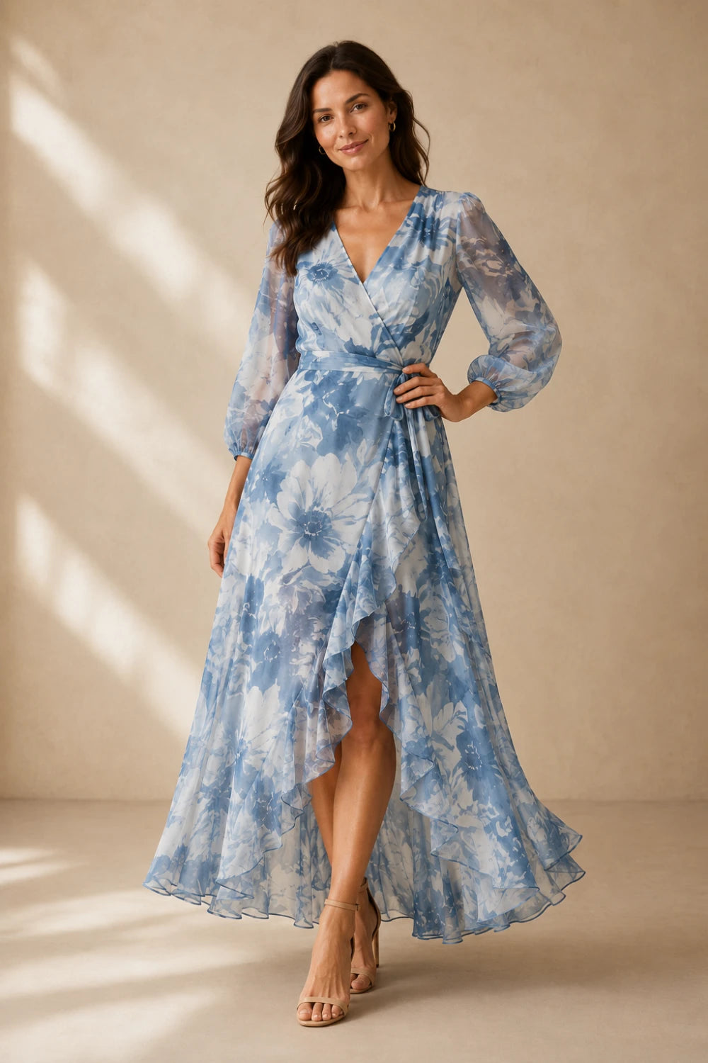 Blue White Floral Wrap High-Low Chiffon Dress