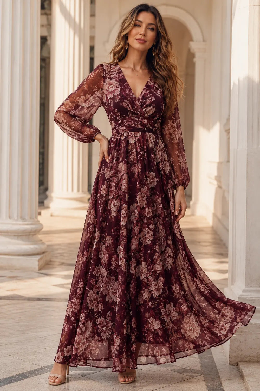 Burgundy Floral Long-Sleeve V-Neck Chiffon Maxi Dress