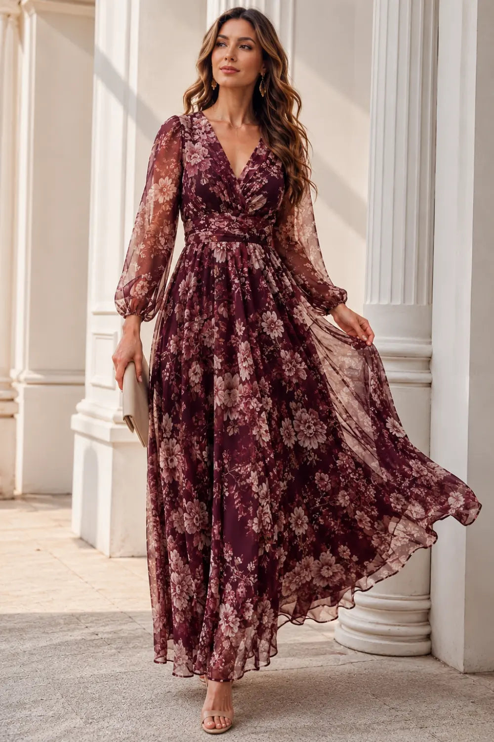Burgundy Floral Long-Sleeve V-Neck Chiffon Maxi Dress