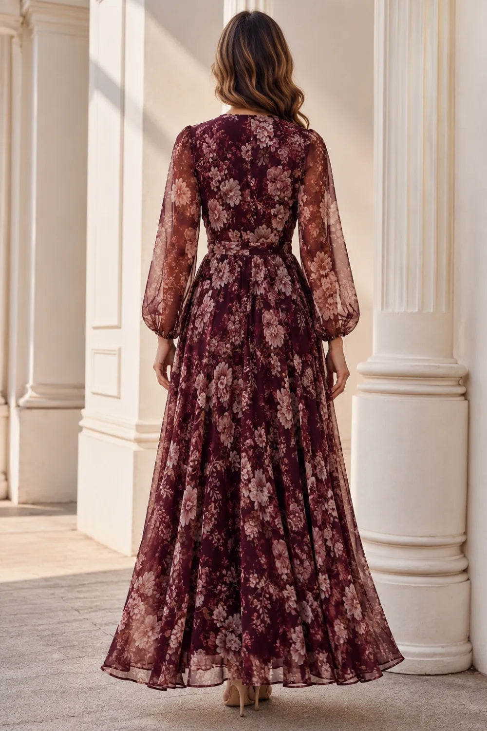 Burgundy Floral Long-Sleeve V-Neck Chiffon Maxi Dress