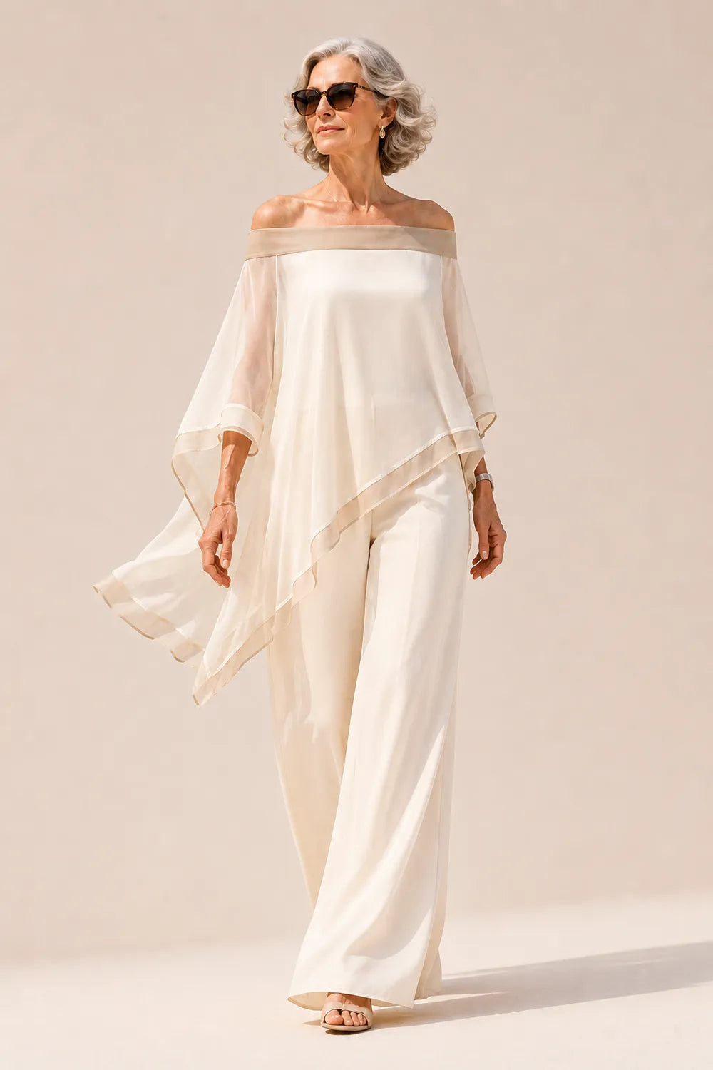 Sheer Chiffon Cape Three-Piece Formal Pant Set