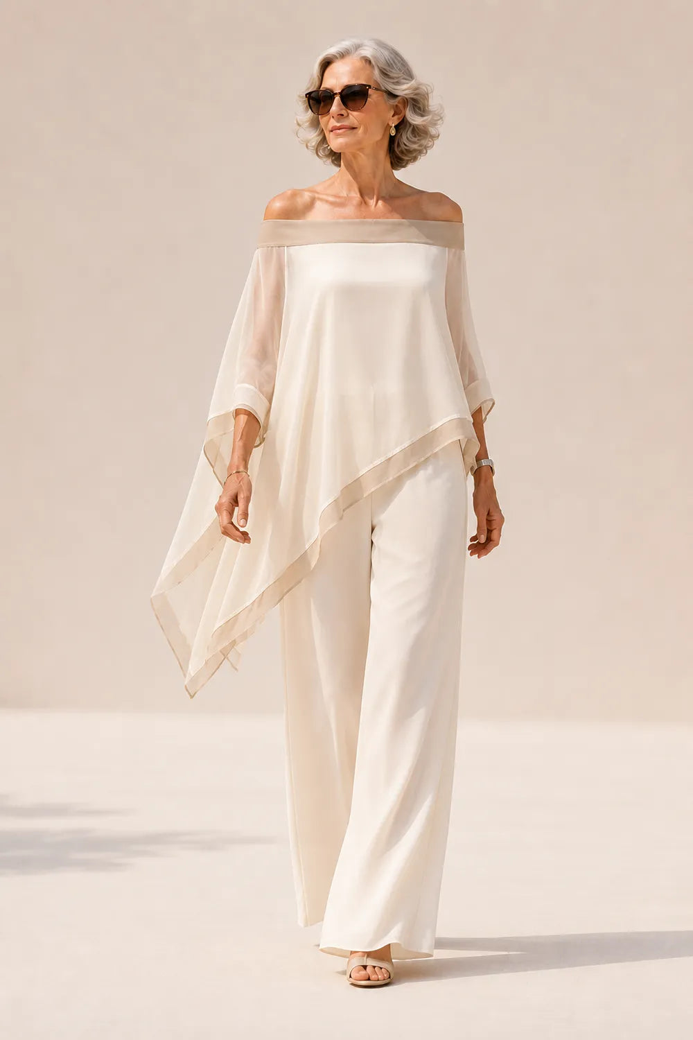 Sheer Chiffon Cape Three-Piece Formal Pant Set