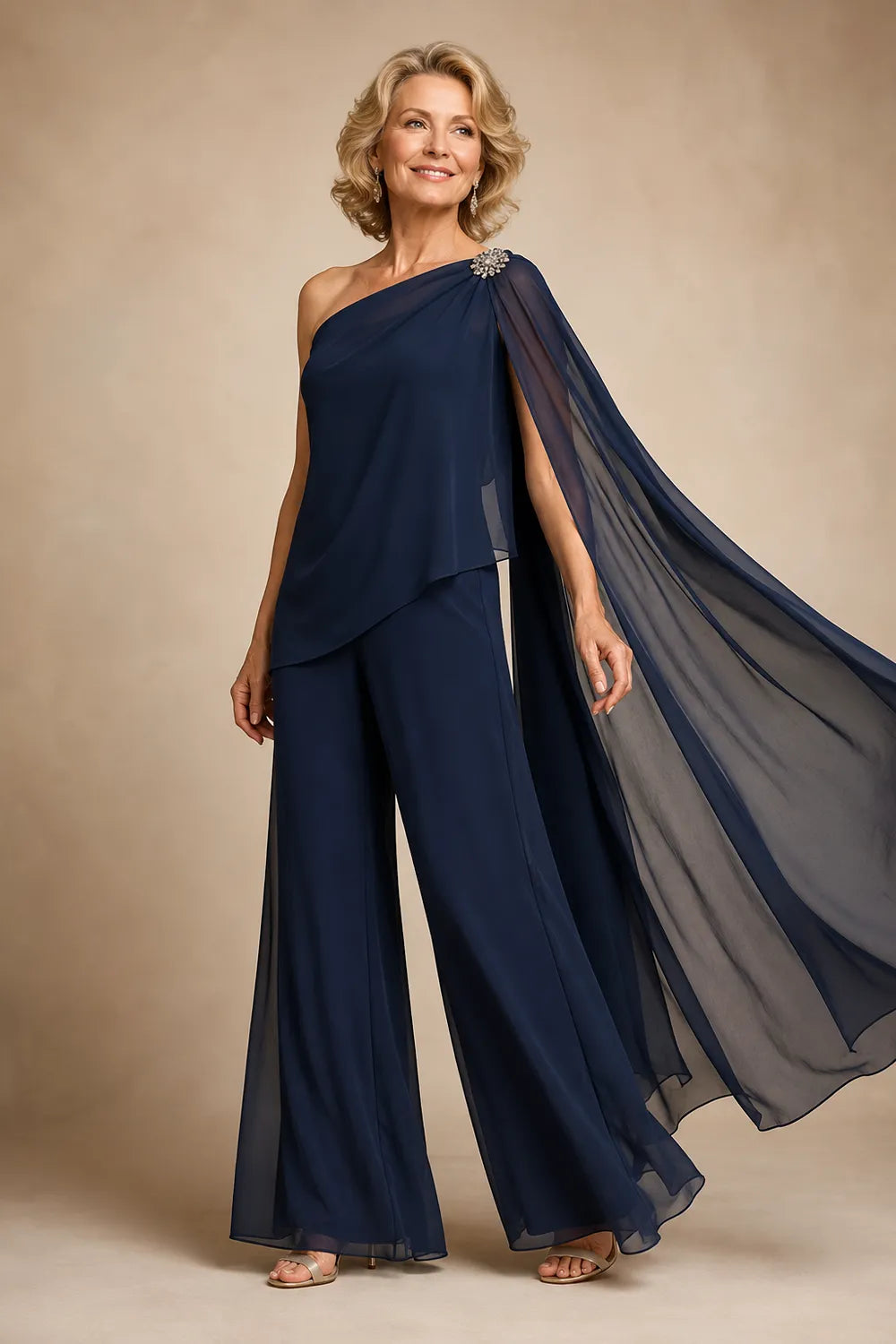 One-Shoulder Chiffon Pant Suit