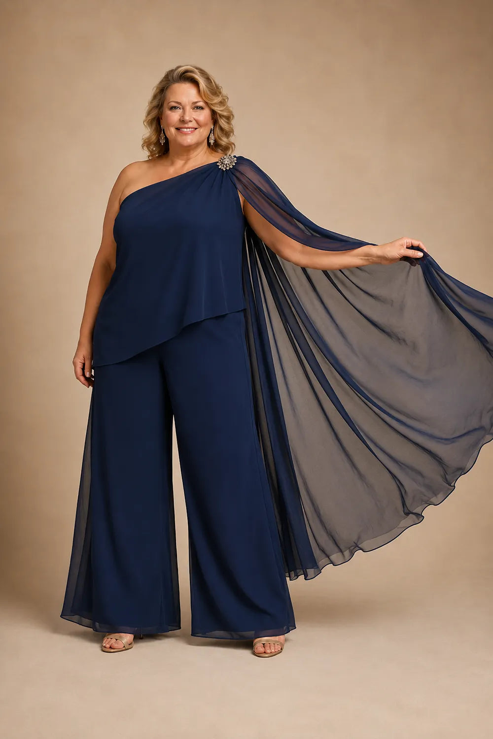 One-Shoulder Chiffon Pant Suit