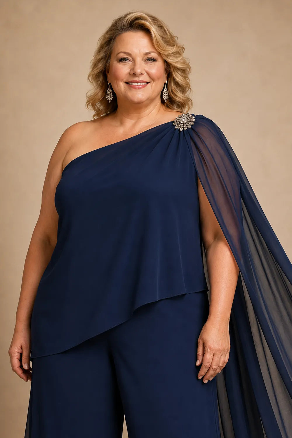 One-Shoulder Chiffon Pant Suit
