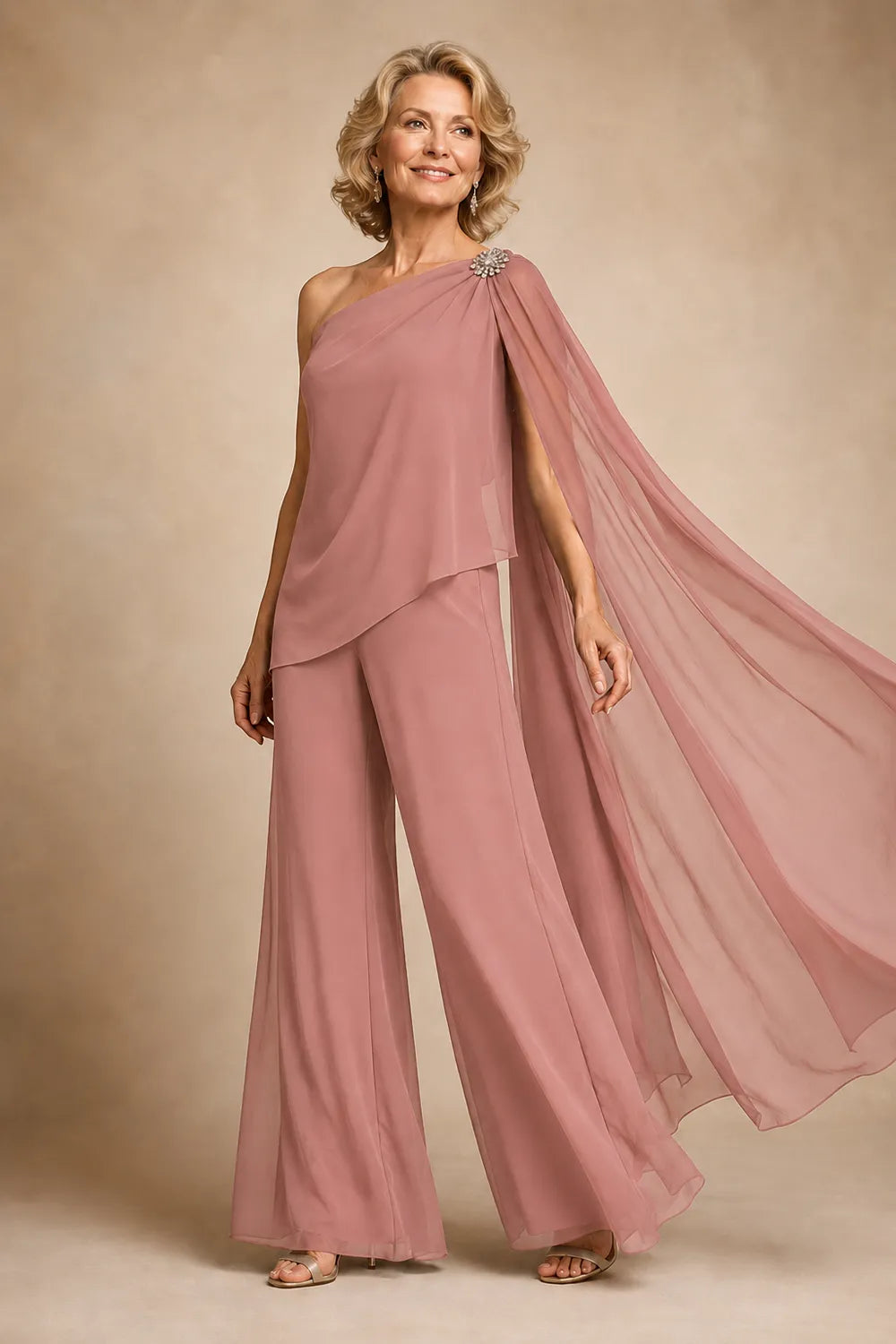 One-Shoulder Chiffon Pant Suit