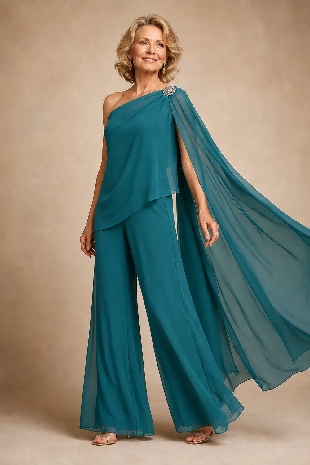 One-Shoulder Chiffon Pant Suit