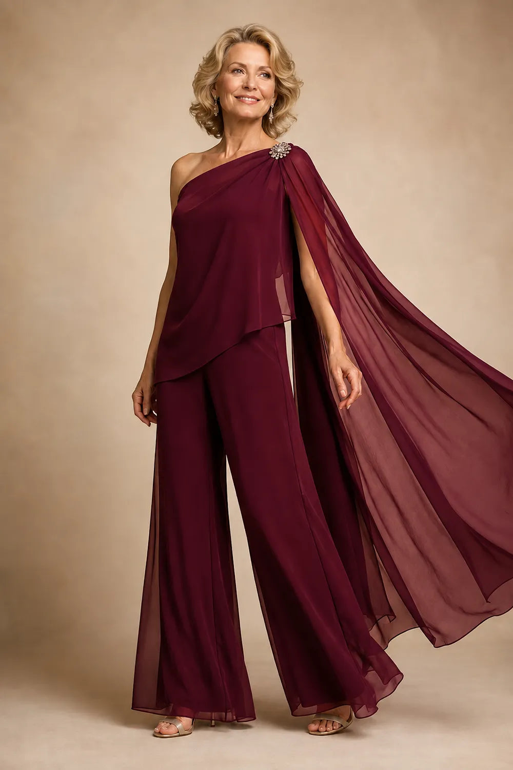 One-Shoulder Chiffon Pant Suit