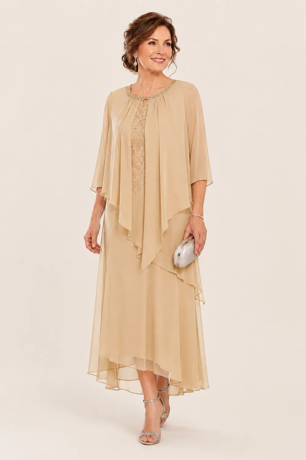 Evelora Lace-Inset Cape Overlay Dress