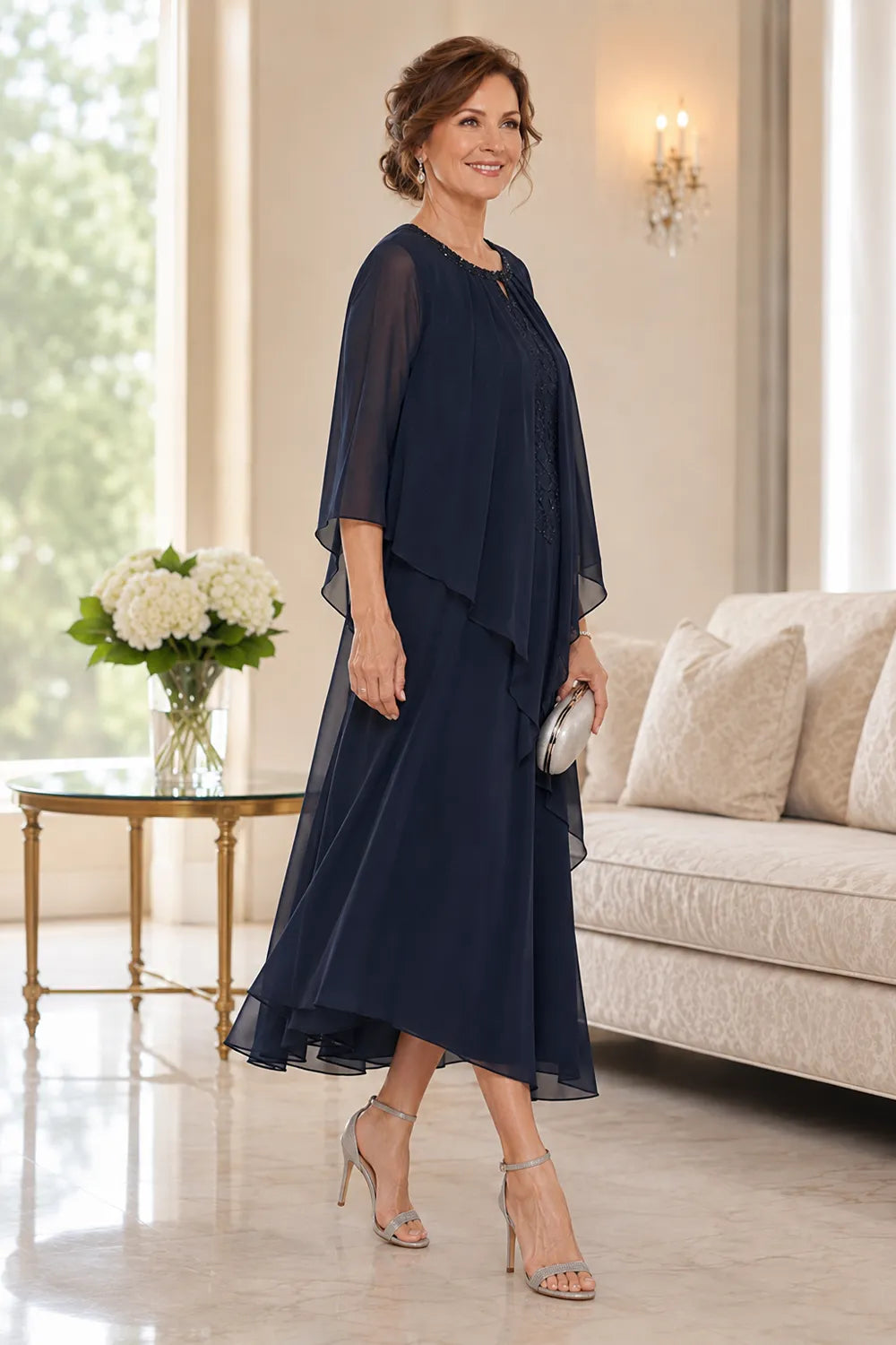 Evelora Lace-Inset Cape Overlay Dress