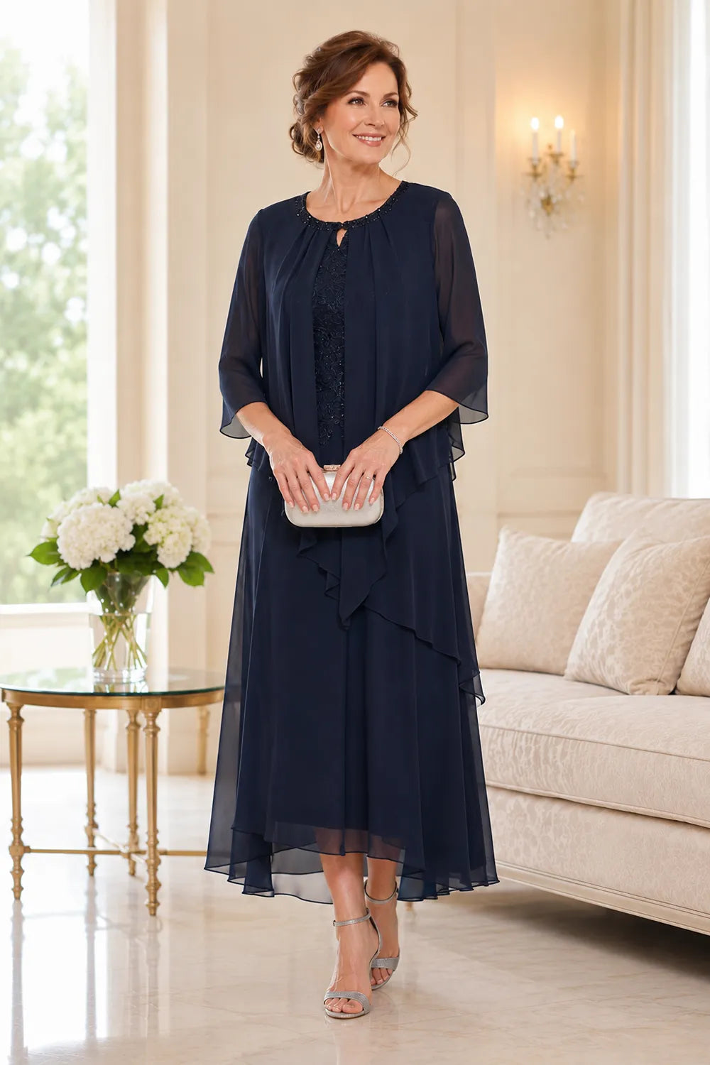 Evelora Lace-Inset Cape Overlay Dress