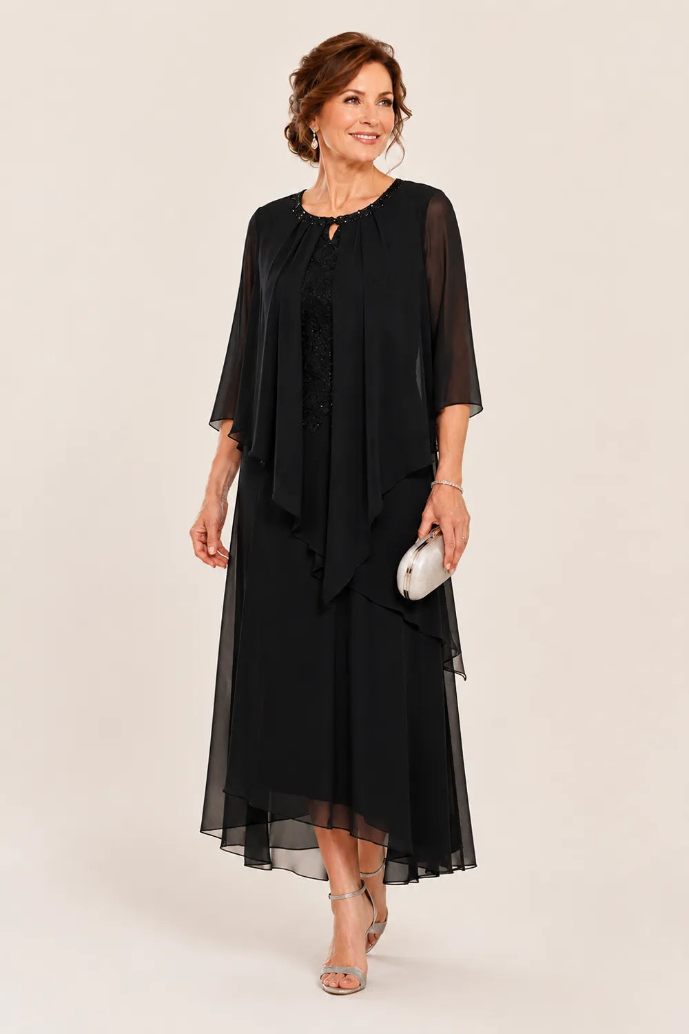 Evelora Lace-Inset Cape Overlay Dress