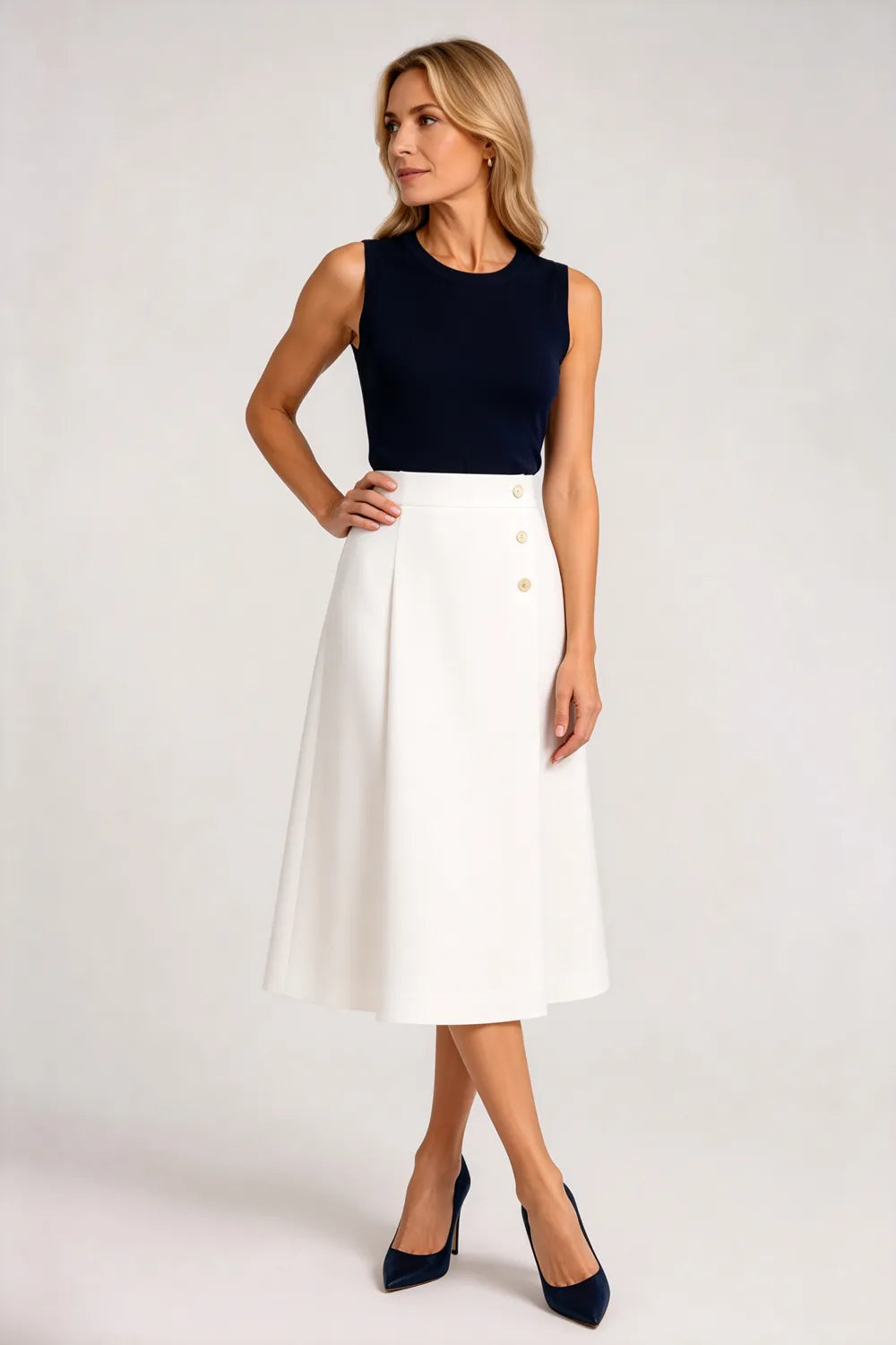 Sleeveless Midi Formal Dress with Button Detail