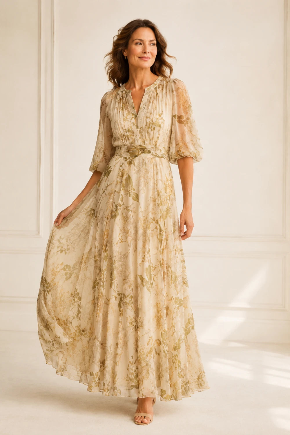 Champagne Botanical Tie-Waist Chiffon Maxi Dress
