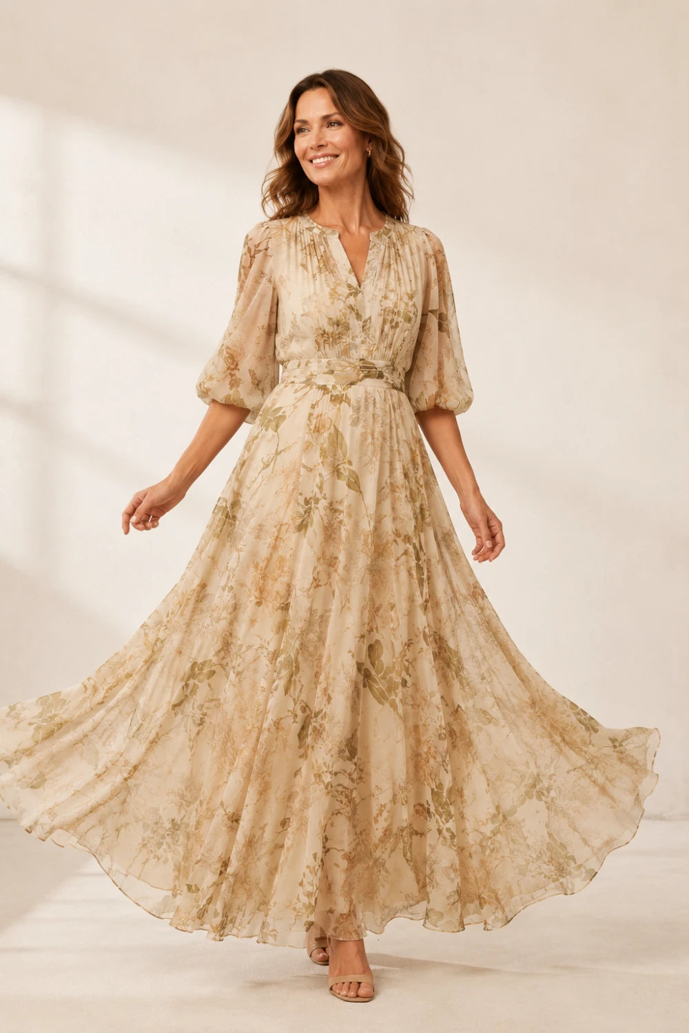 Champagne Botanical Tie-Waist Chiffon Maxi Dress