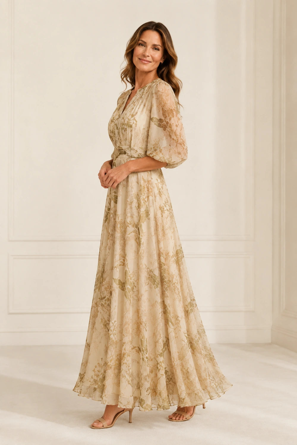 Champagne Botanical Tie-Waist Chiffon Maxi Dress