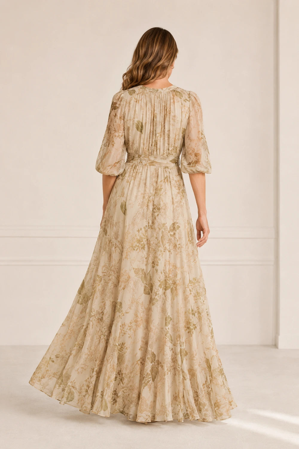 Champagne Botanical Tie-Waist Chiffon Maxi Dress