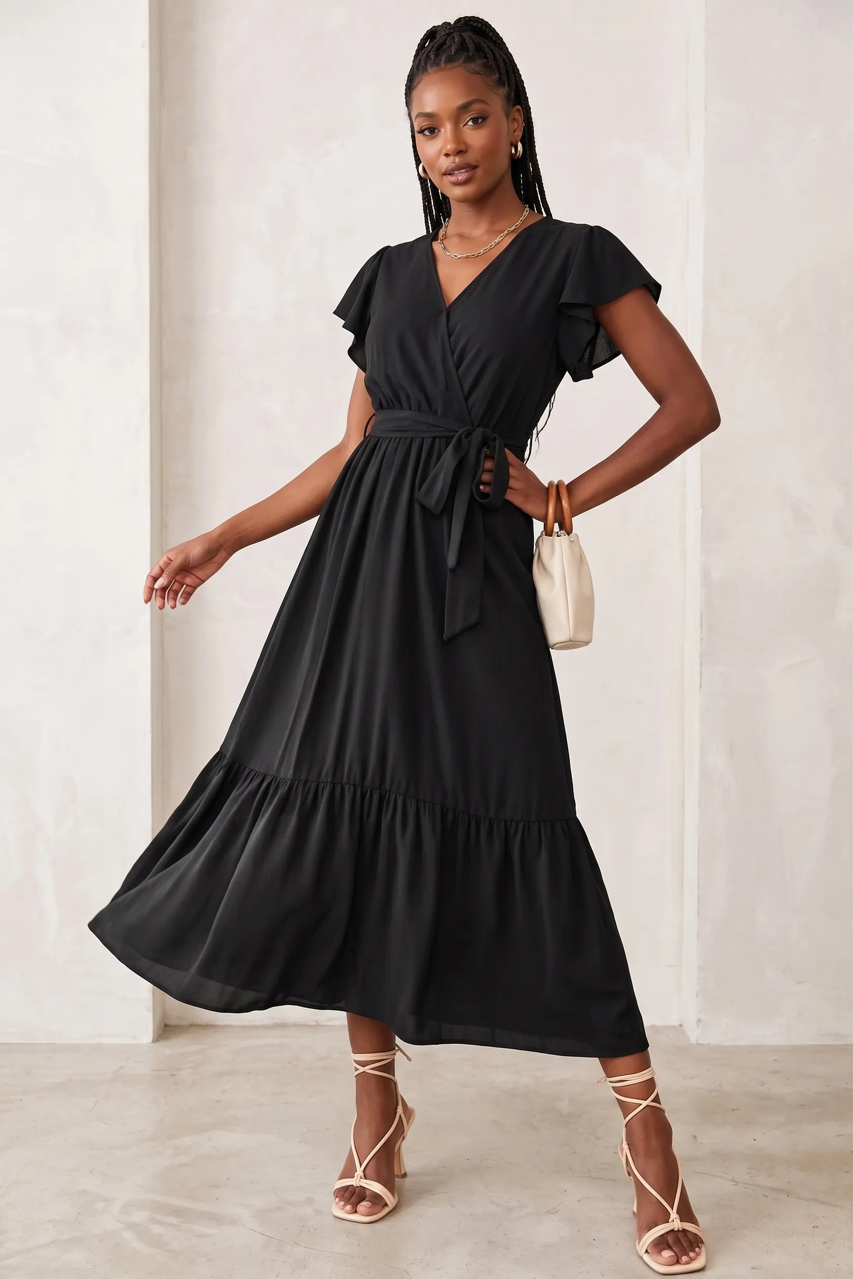 Flowy A-Line Chiffon Ruffle Hem Midi Dress