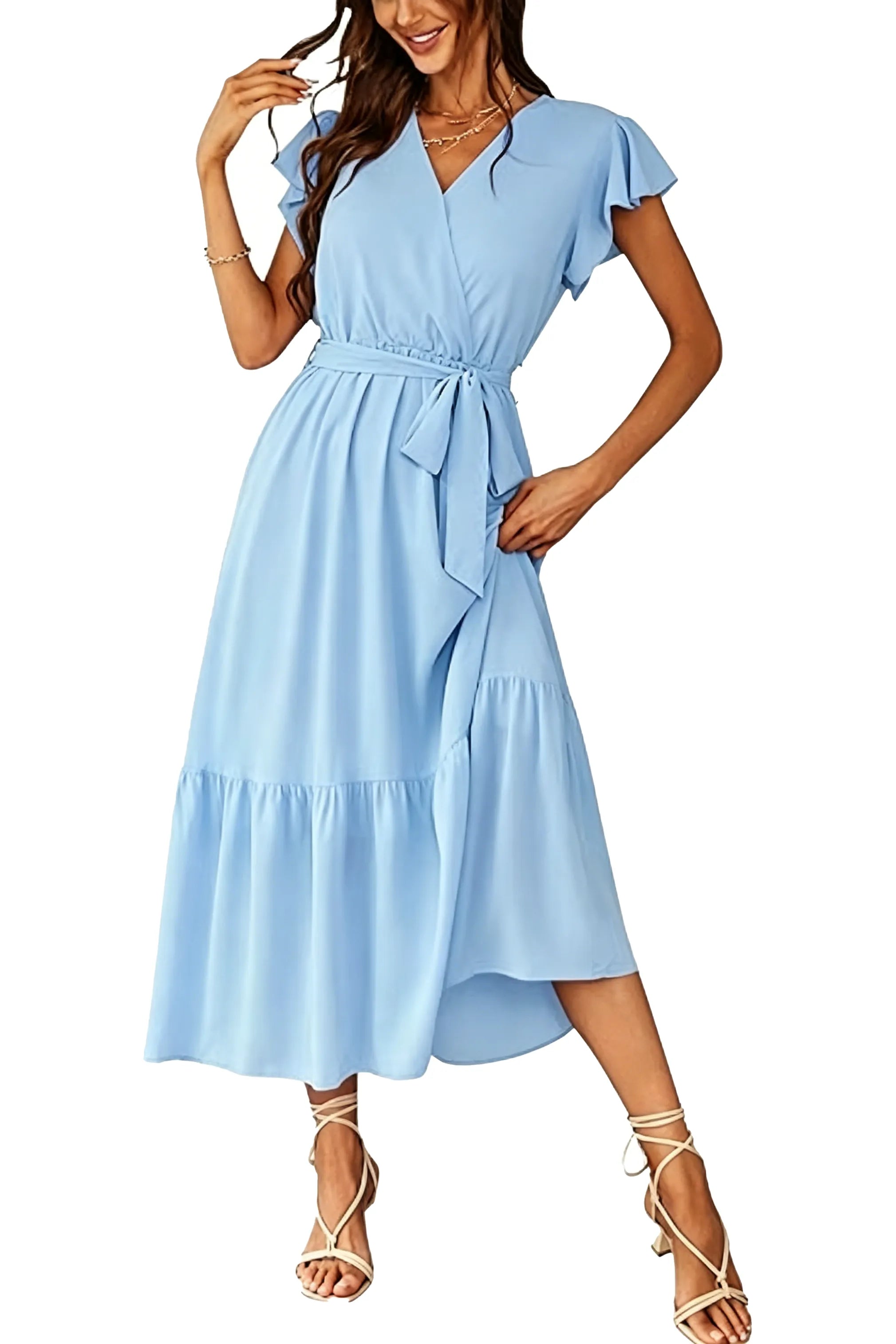 Flowy A-Line Chiffon Ruffle Hem Midi Dress