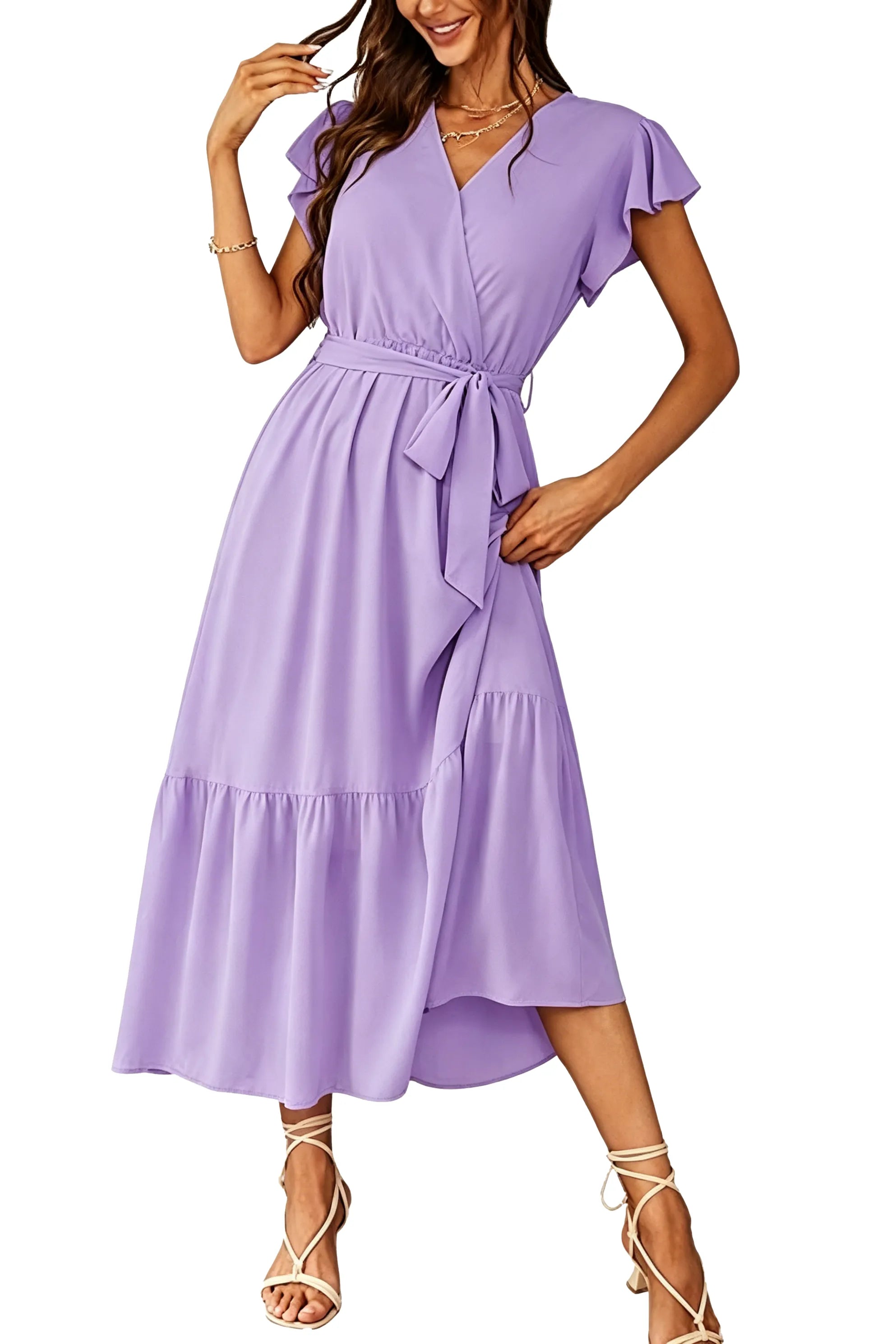 Flowy A-Line Chiffon Ruffle Hem Midi Dress