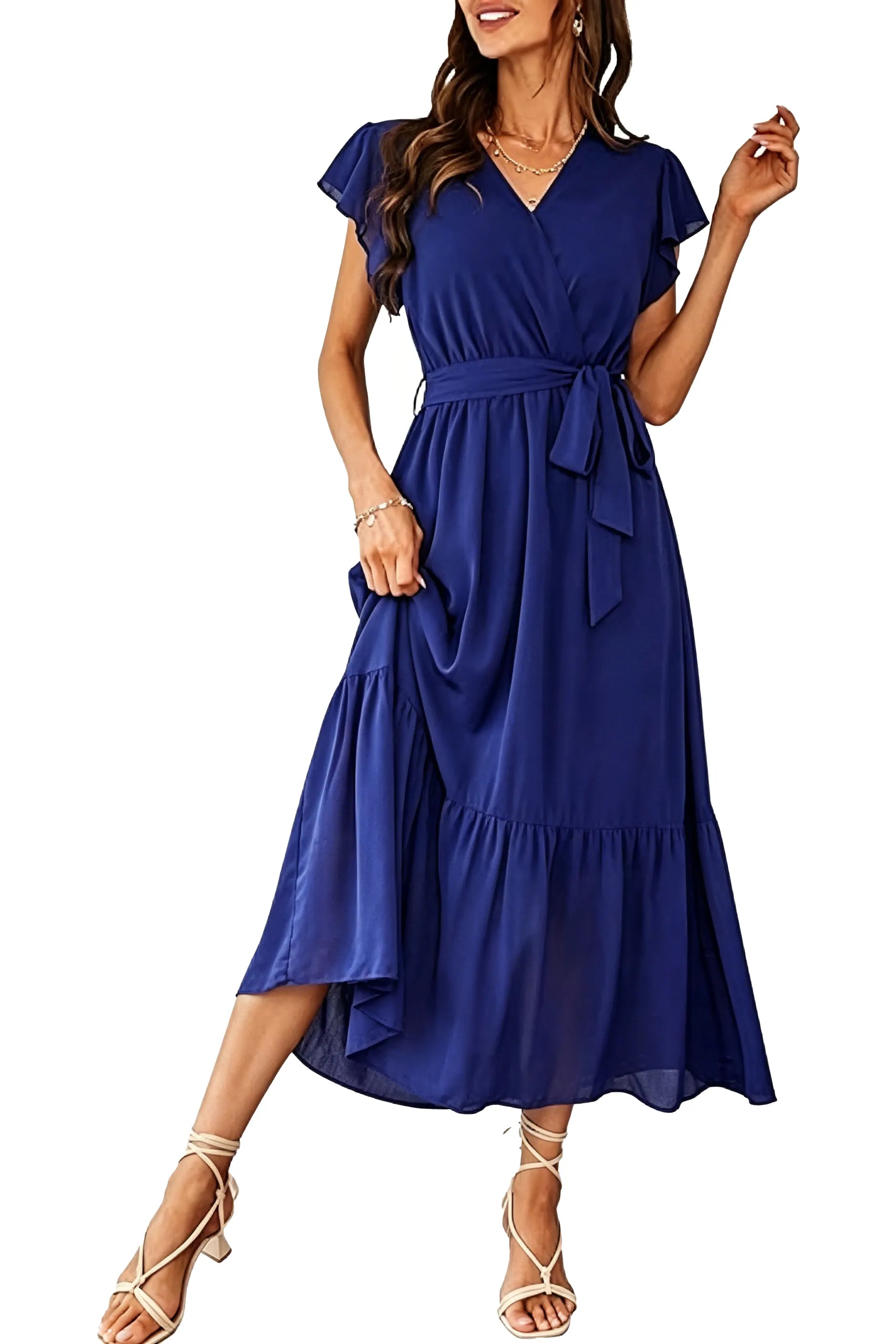 Flowy A-Line Chiffon Ruffle Hem Midi Dress