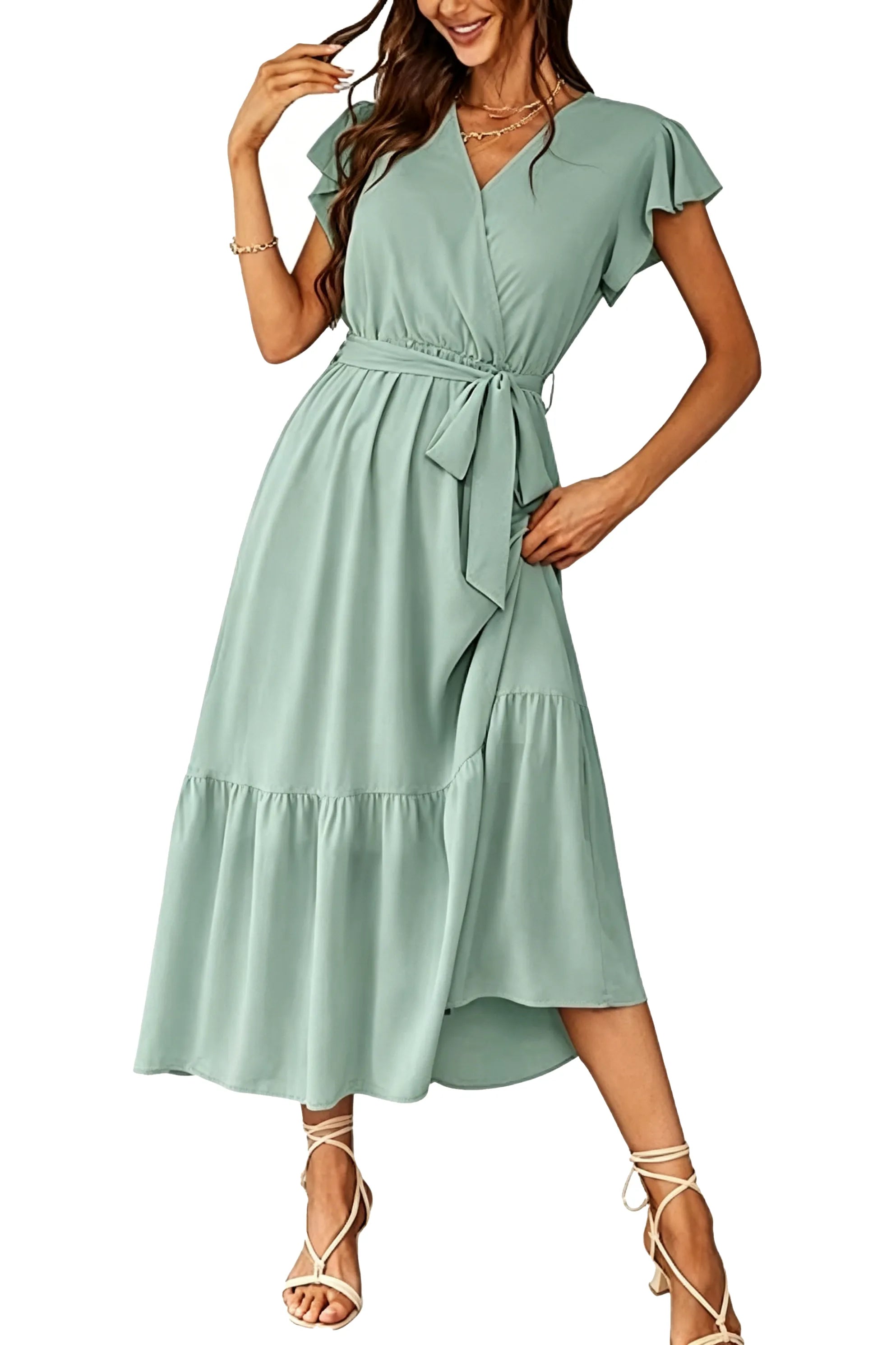 Flowy A-Line Chiffon Ruffle Hem Midi Dress