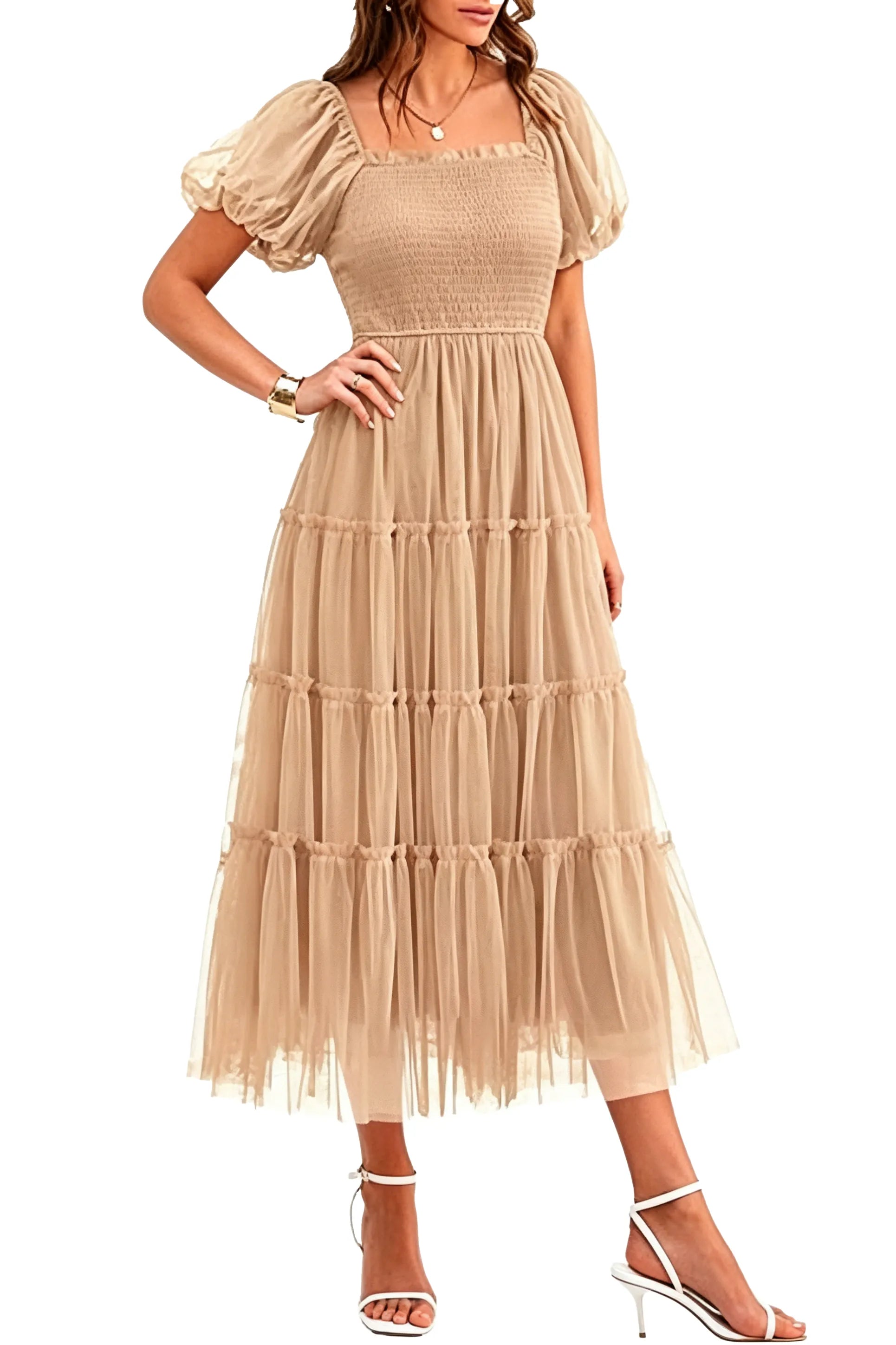 Fit and Flare Puff Sleeve Formal Dress