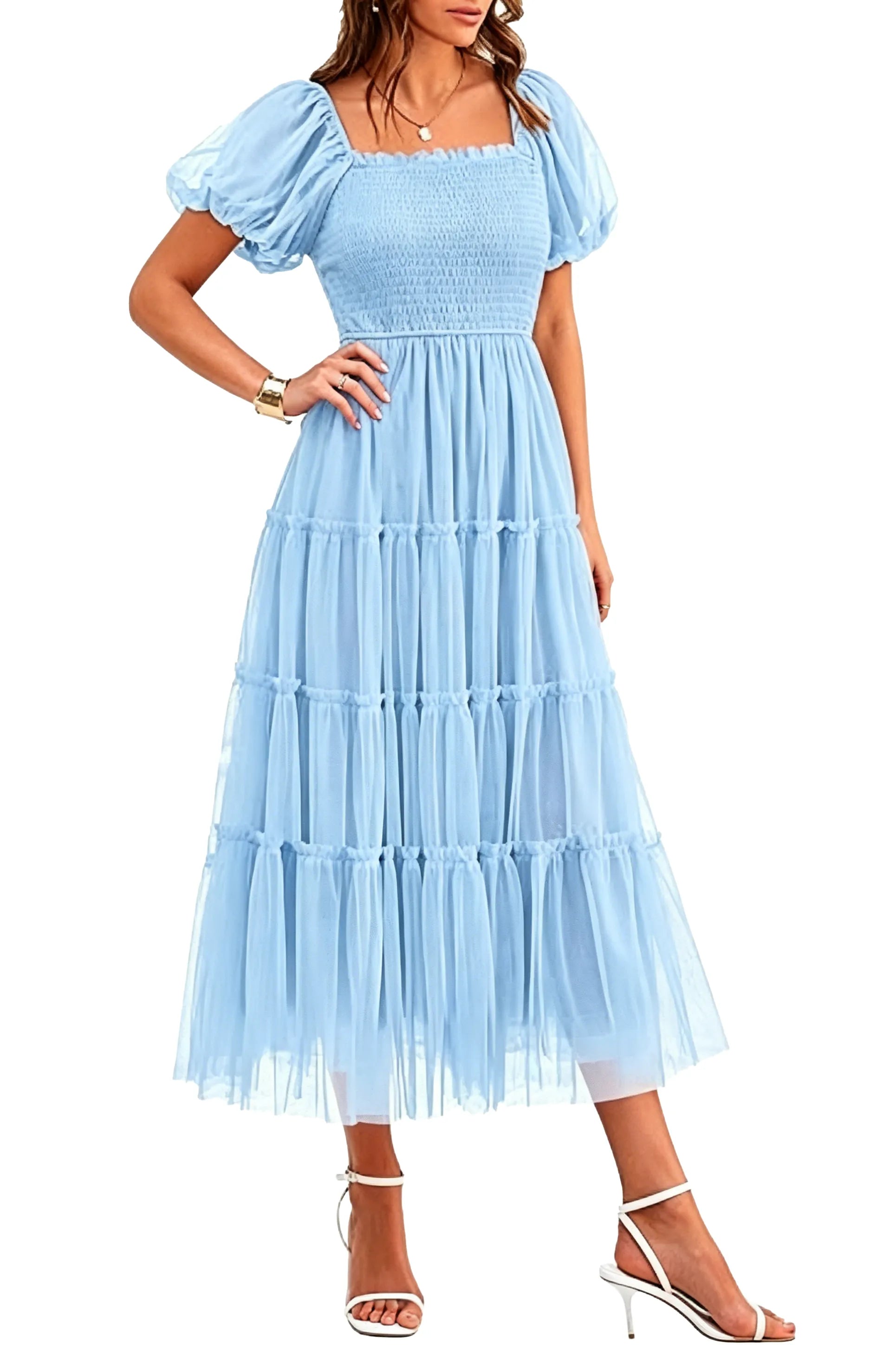 Fit and Flare Puff Sleeve Formal Dress