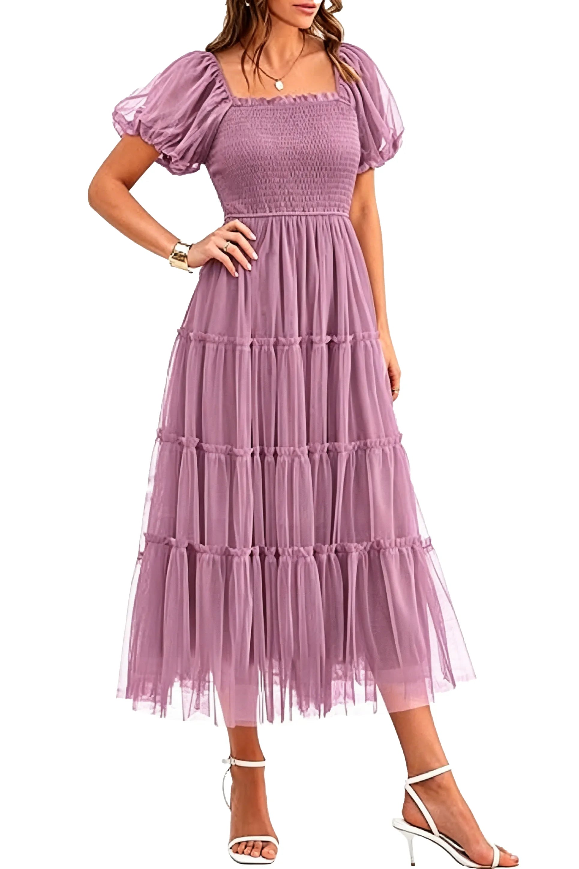 Fit and Flare Puff Sleeve Formal Dress