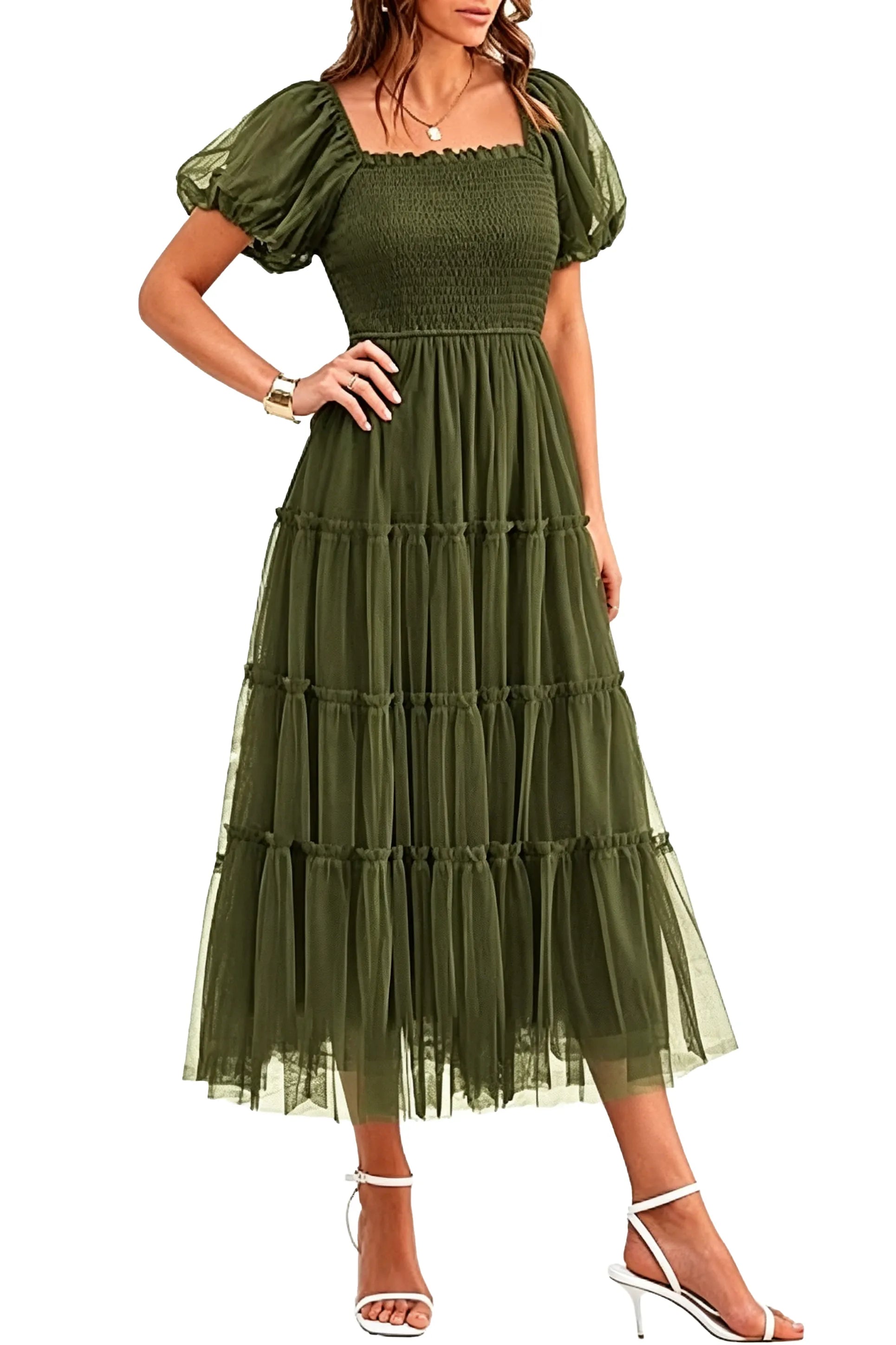 Fit and Flare Puff Sleeve Formal Dress