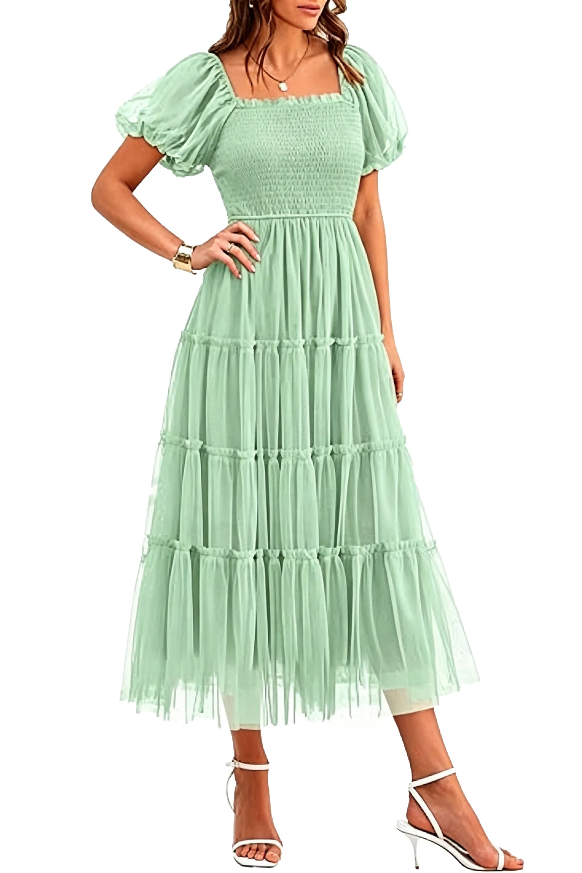 Fit and Flare Puff Sleeve Formal Dress