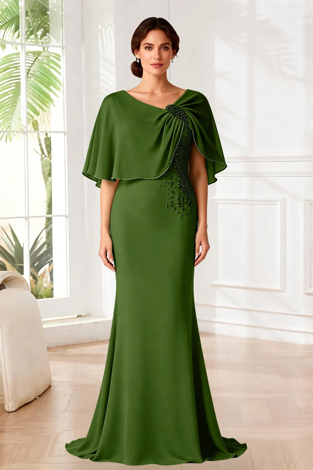Elara Beaded Cape Mermaid Evening Gown