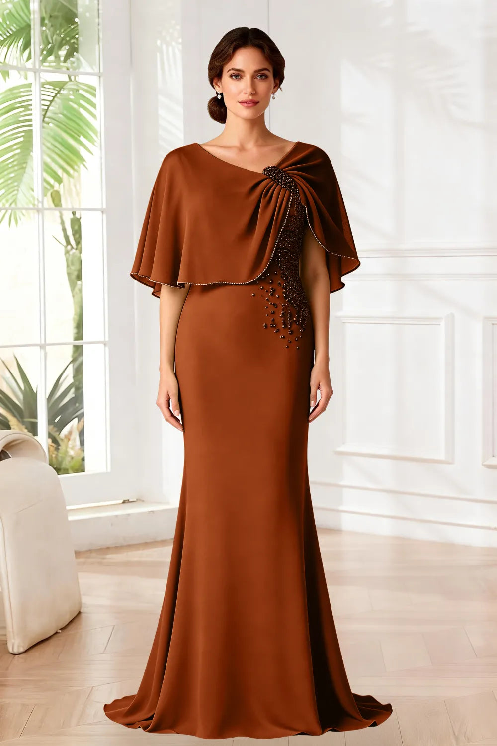Elara Beaded Cape Mermaid Evening Gown