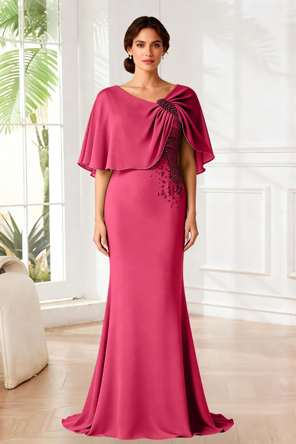 Elara Beaded Cape Mermaid Evening Gown