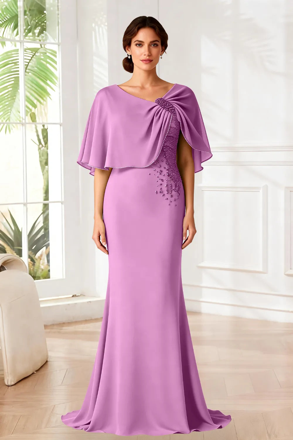 Elara Beaded Cape Mermaid Evening Gown