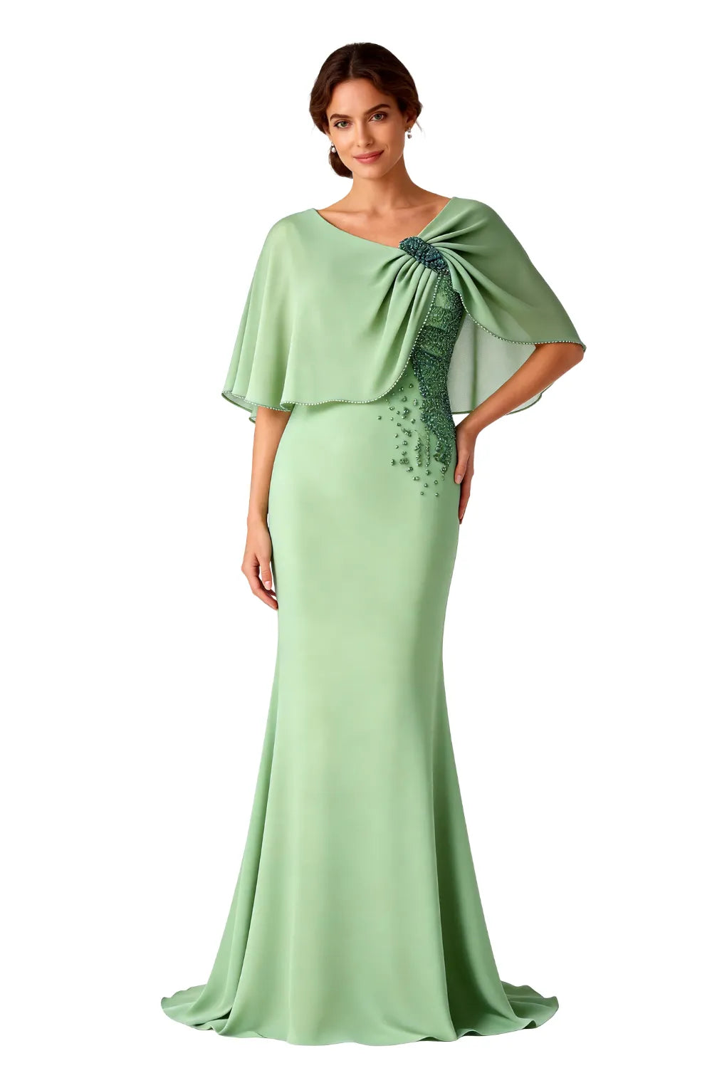 Elara Beaded Cape Mermaid Evening Gown