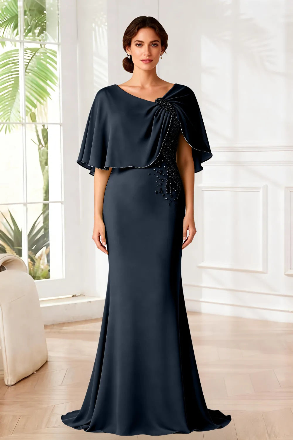 Elara Beaded Cape Mermaid Evening Gown