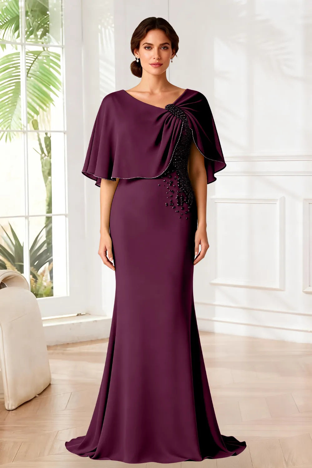 Elara Beaded Cape Mermaid Evening Gown