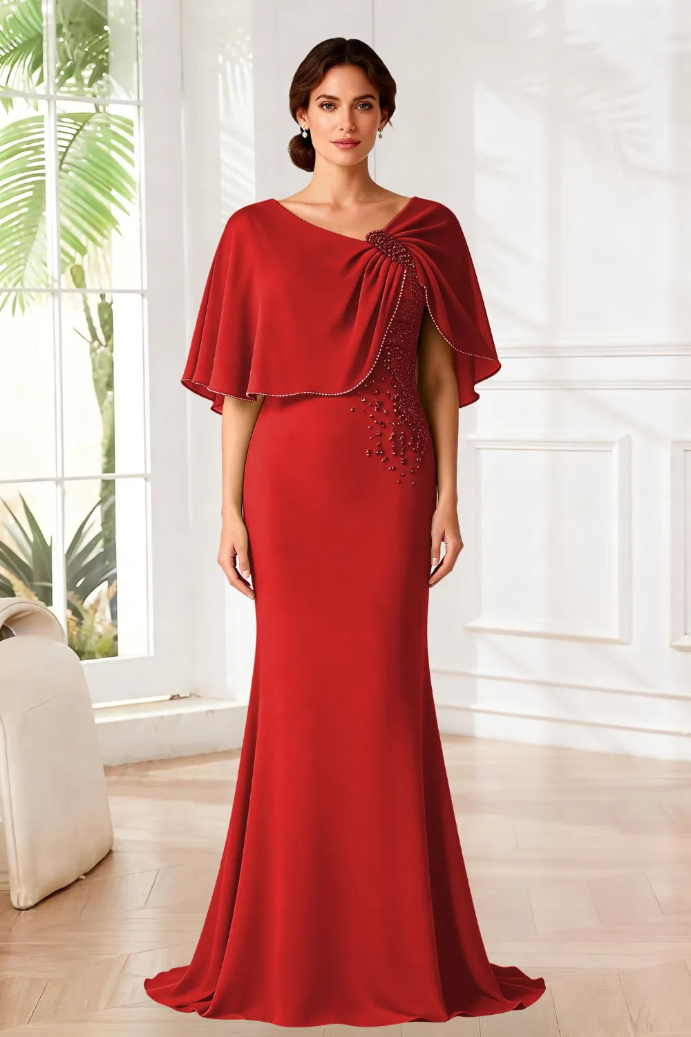 Elara Beaded Cape Mermaid Evening Gown