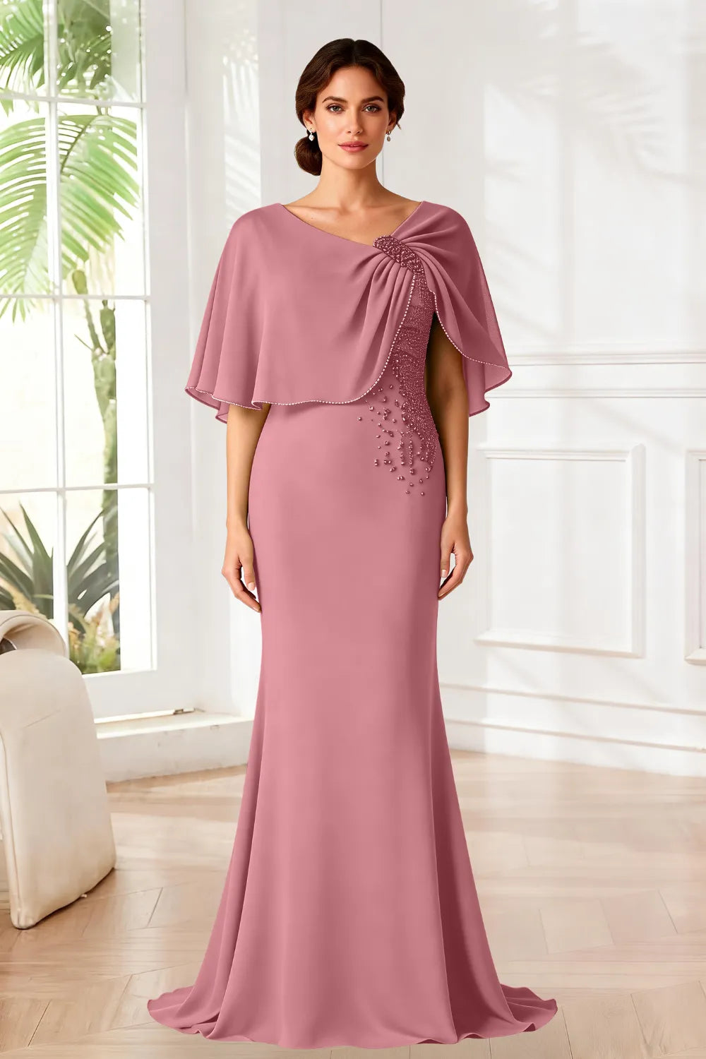 Elara Beaded Cape Mermaid Evening Gown